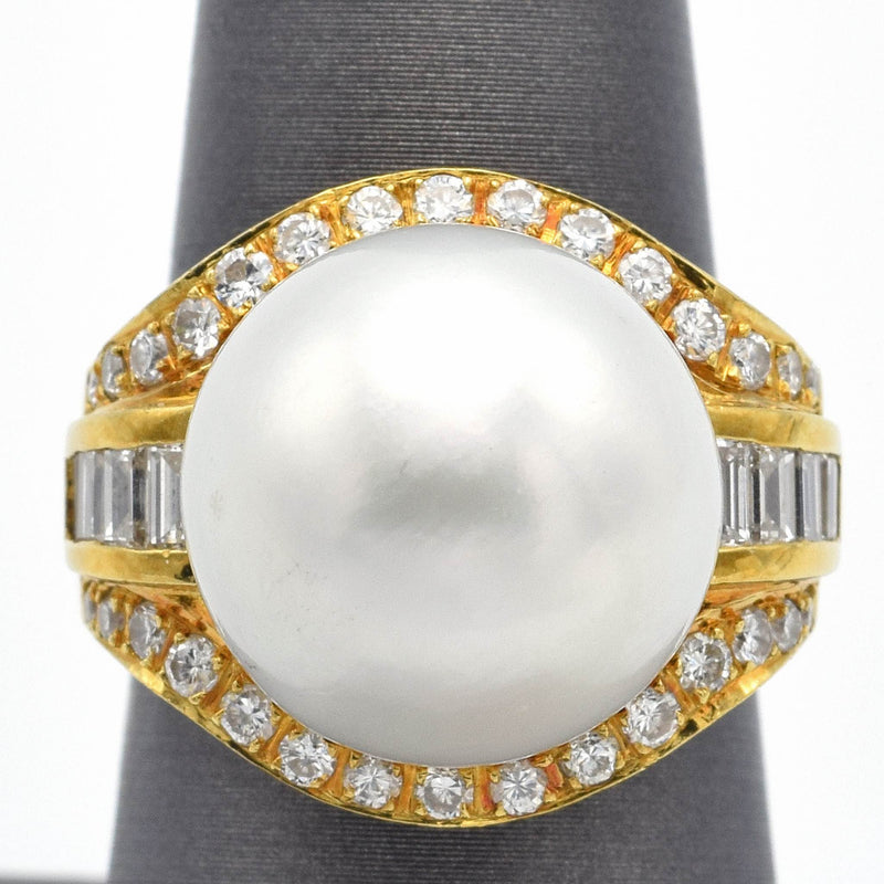 Vintage 18K Yellow Gold Sea Pearl & Diamond Cocktail Ring