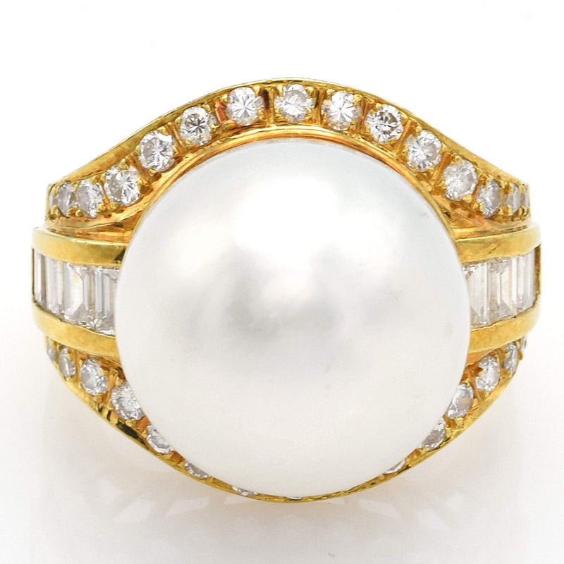 Vintage 18K Yellow Gold Sea Pearl & Diamond Cocktail Ring