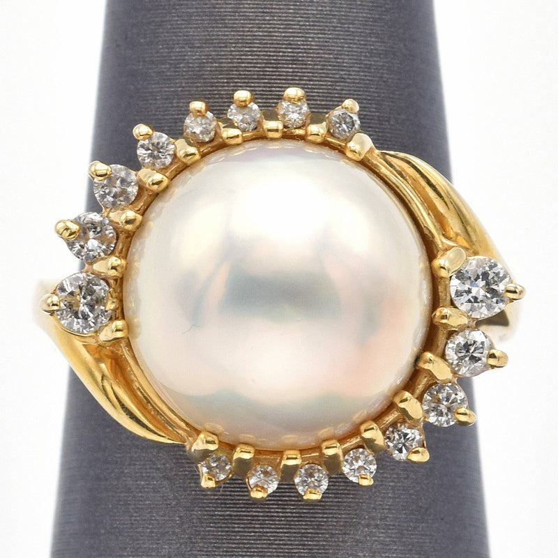 Vintage 14K Yellow Gold Mabe Pearl & Diamond Cocktail Ring