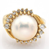 Vintage 14K Yellow Gold Mabe Pearl & Diamond Cocktail Ring
