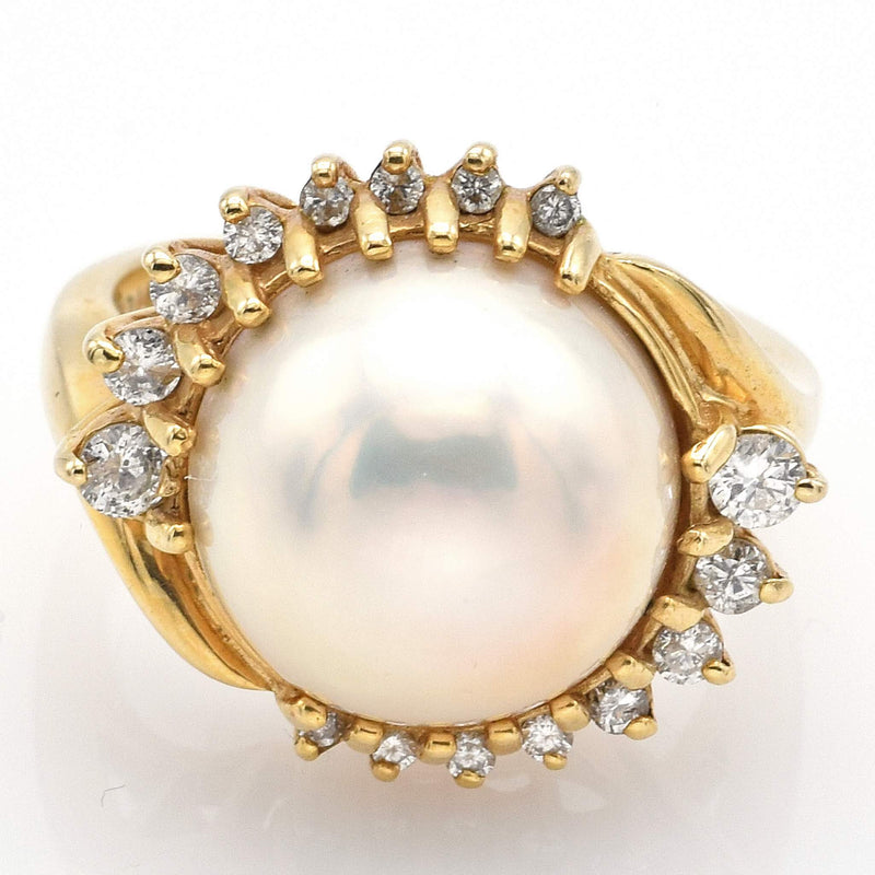 Vintage 14K Yellow Gold Mabe Pearl & Diamond Cocktail Ring