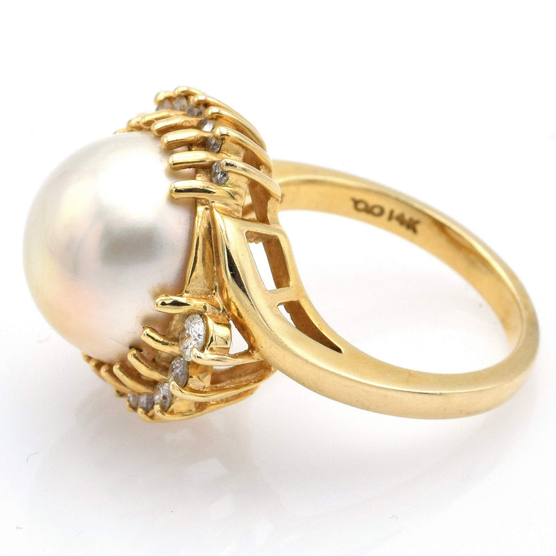 Vintage 14K Yellow Gold Mabe Pearl & Diamond Cocktail Ring