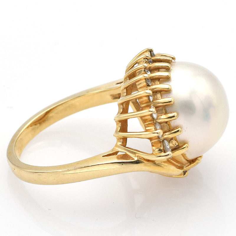 Vintage 14K Yellow Gold Mabe Pearl & Diamond Cocktail Ring