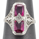 Antique 14K White Gold 2.48 TCW Ruby & Diamond Filigree Cocktail Ring