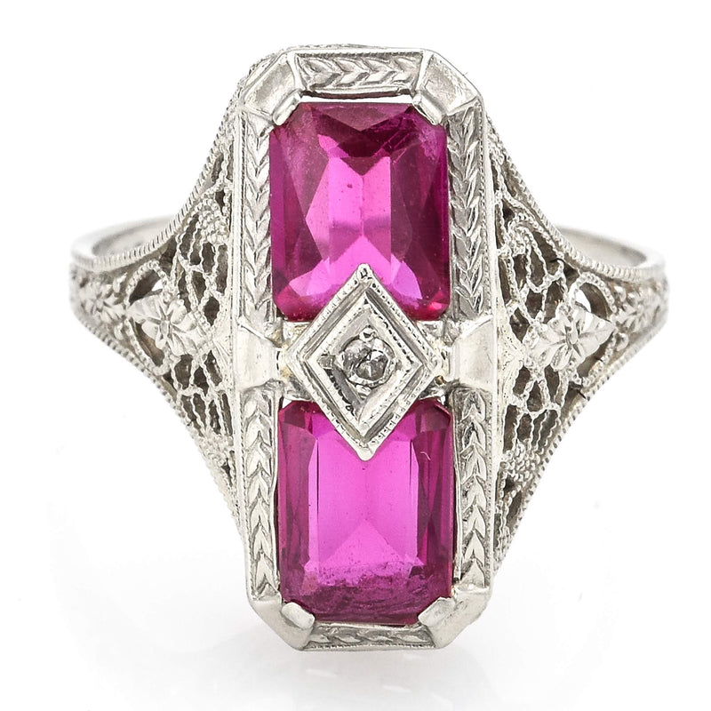 Antique 14K White Gold 2.48 TCW Ruby & Diamond Filigree Cocktail Ring