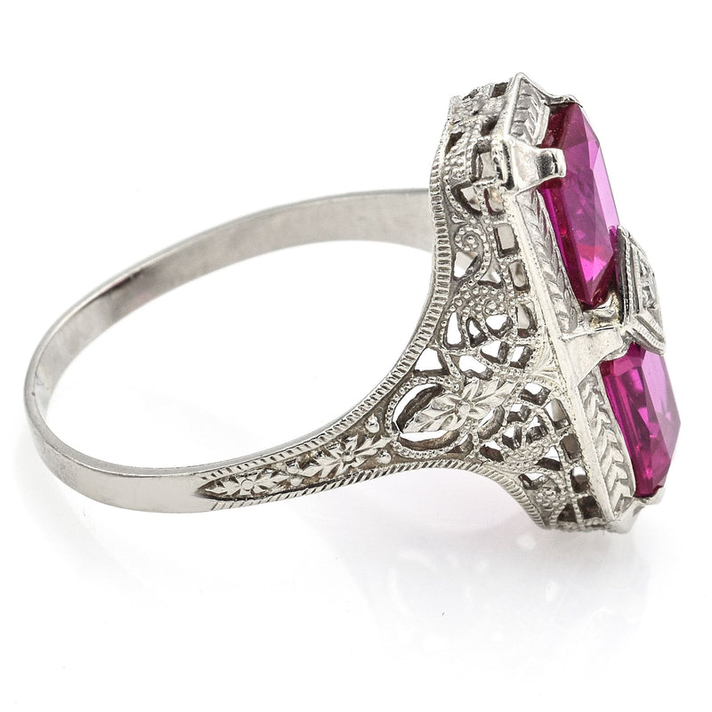 Antique 14K White Gold 2.48 TCW Ruby & Diamond Filigree Cocktail Ring