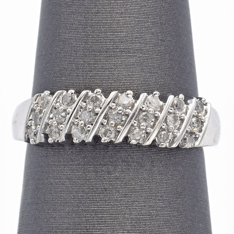 Vintage 14K White Gold Diamond Diagonal Three-Row Band Ring