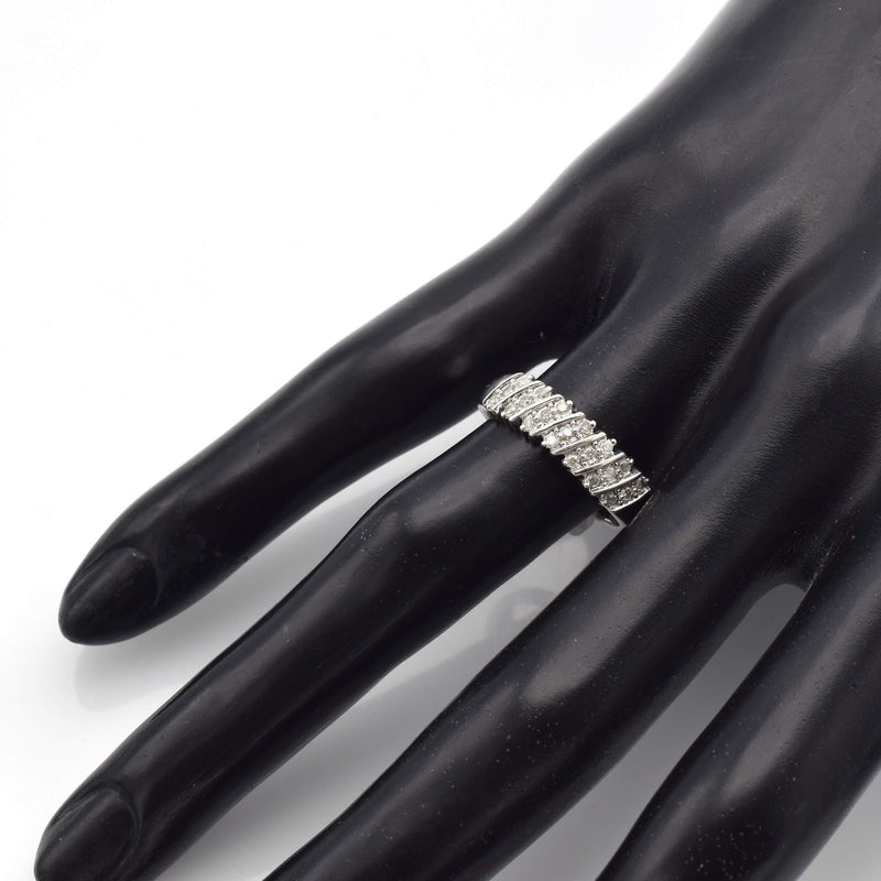Vintage 14K White Gold Diamond Diagonal Three-Row Band Ring