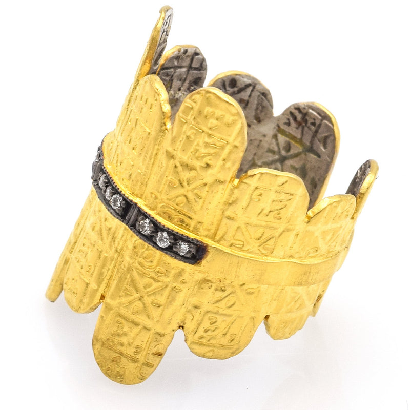 Vintage Platinum & 22K Gold Overlay Ancient Symbols Diamond Wrap Ring