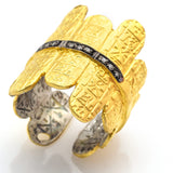 Vintage Platinum & 22K Gold Overlay Ancient Symbols Diamond Wrap Ring
