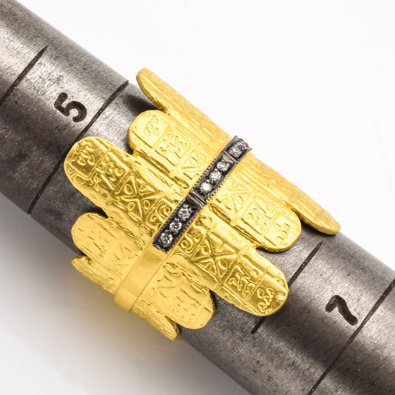 Vintage Platinum & 22K Gold Overlay Ancient Symbols Diamond Wrap Ring