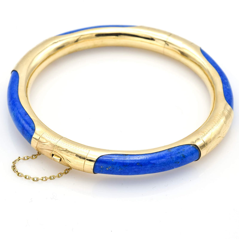 Vintage 14K Yellow Gold Lapis Hinged Bangle Bracelet