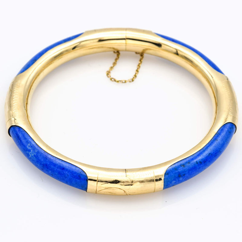 Vintage 14K Yellow Gold Lapis Hinged Bangle Bracelet