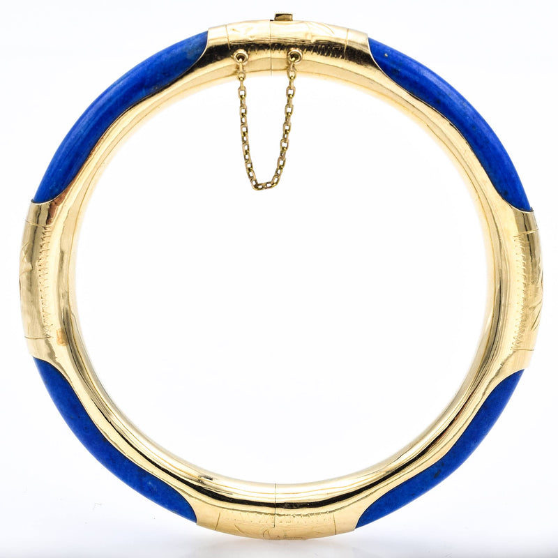 Vintage 14K Yellow Gold Lapis Hinged Bangle Bracelet