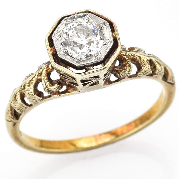 Antique 15K Yellow Gold Solitaire Old Euro Diamond Band Ring