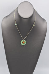 Antique Sterling Silver Carved Green Jade & Red Coral Necklace
