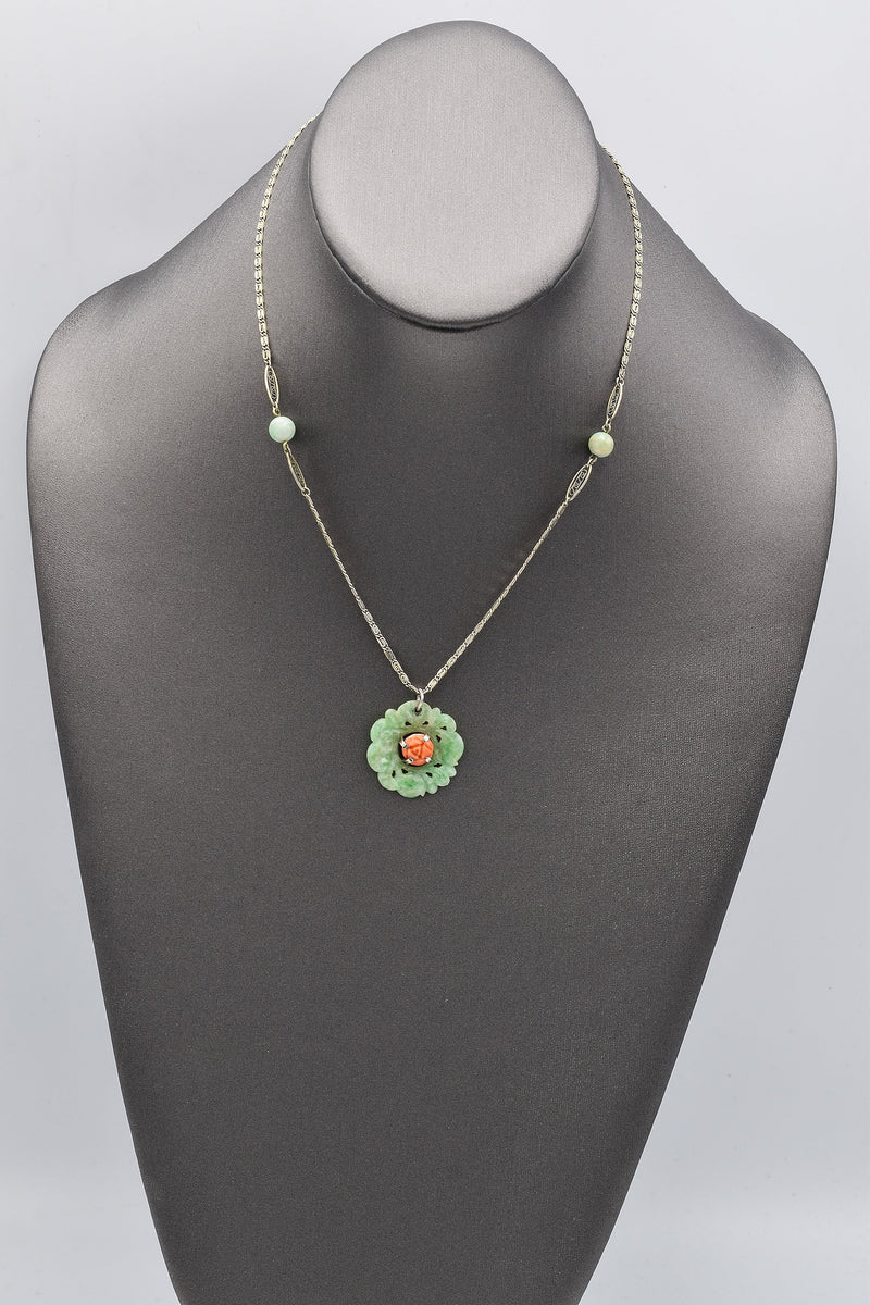 Antique Sterling Silver Carved Green Jade & Red Coral Necklace