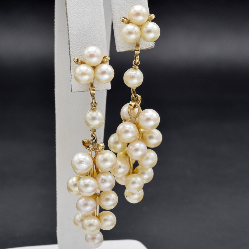Vintage 14K Yellow Gold Sea Pearl Cluster Dangle Earrings