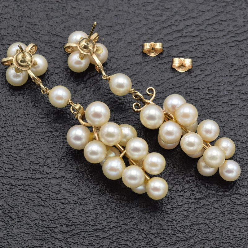 Vintage 14K Yellow Gold Sea Pearl Cluster Dangle Earrings