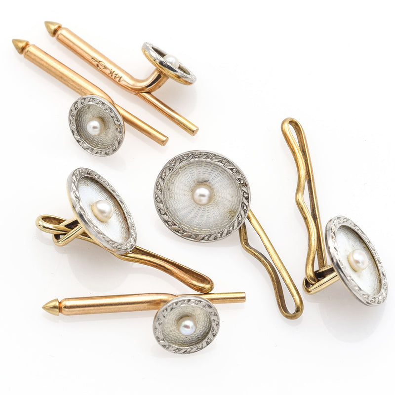 Vintage 14K White & Yellow Gold Sea Pearl Guilloche Cuff Link Shirt Button Set