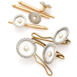 Vintage 14K White & Yellow Gold Sea Pearl Guilloche Cuff Link Shirt Button Set