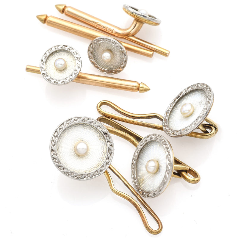 Vintage 14K White & Yellow Gold Sea Pearl Guilloche Cuff Link Shirt Button Set
