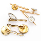 Vintage 14K White & Yellow Gold Sea Pearl Guilloche Cuff Link Shirt Button Set