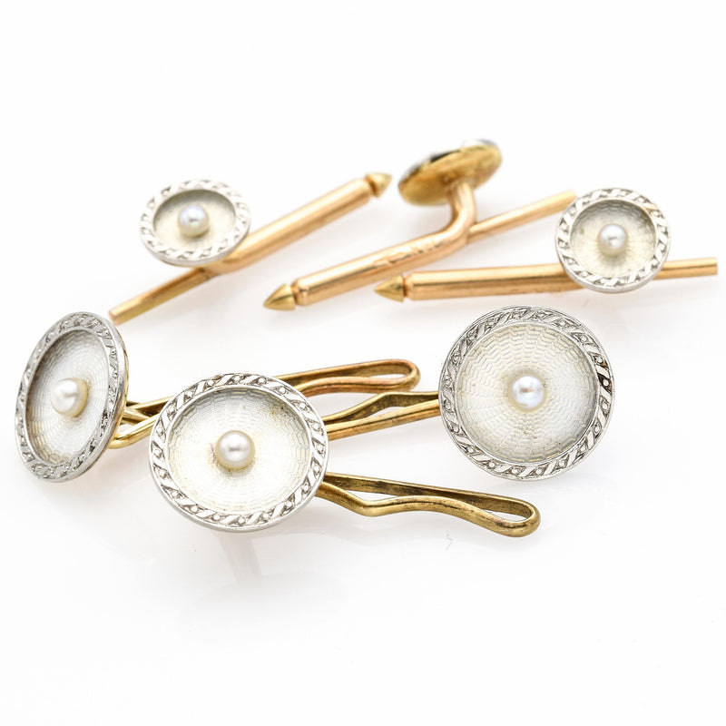 Vintage 14K White & Yellow Gold Sea Pearl Guilloche Cuff Link Shirt Button Set