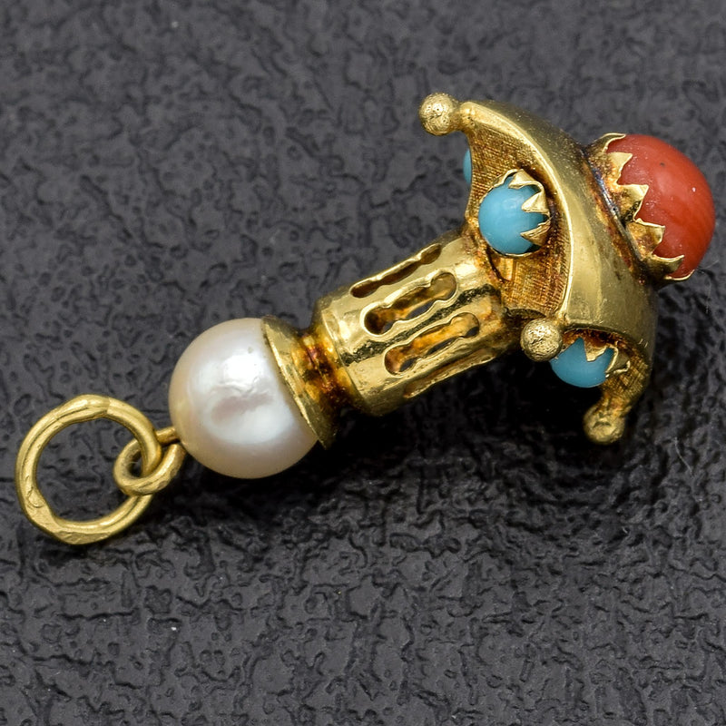 Vintage 14K Yellow Gold Sea Pearl, Turquoise & Coral Charm Pendant