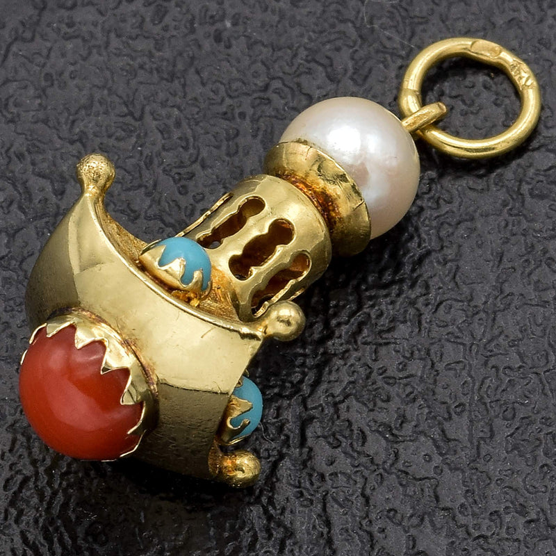 Vintage 14K Yellow Gold Sea Pearl, Turquoise & Coral Charm Pendant