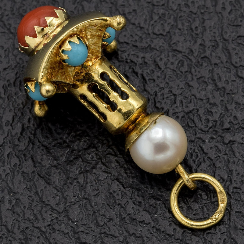 Vintage 14K Yellow Gold Sea Pearl, Turquoise & Coral Charm Pendant