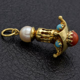 Vintage 14K Yellow Gold Sea Pearl, Turquoise & Coral Charm Pendant