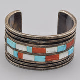 Vintage Sterling Silver Turquoise, Coral, & Mother of Pearl Cuff Bracelet