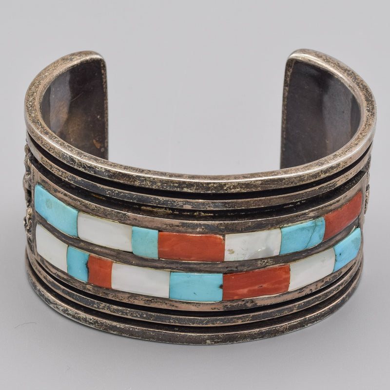 Vintage Sterling Silver Turquoise, Coral, & Mother of Pearl Cuff Bracelet