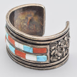 Vintage Sterling Silver Turquoise, Coral, & Mother of Pearl Cuff Bracelet