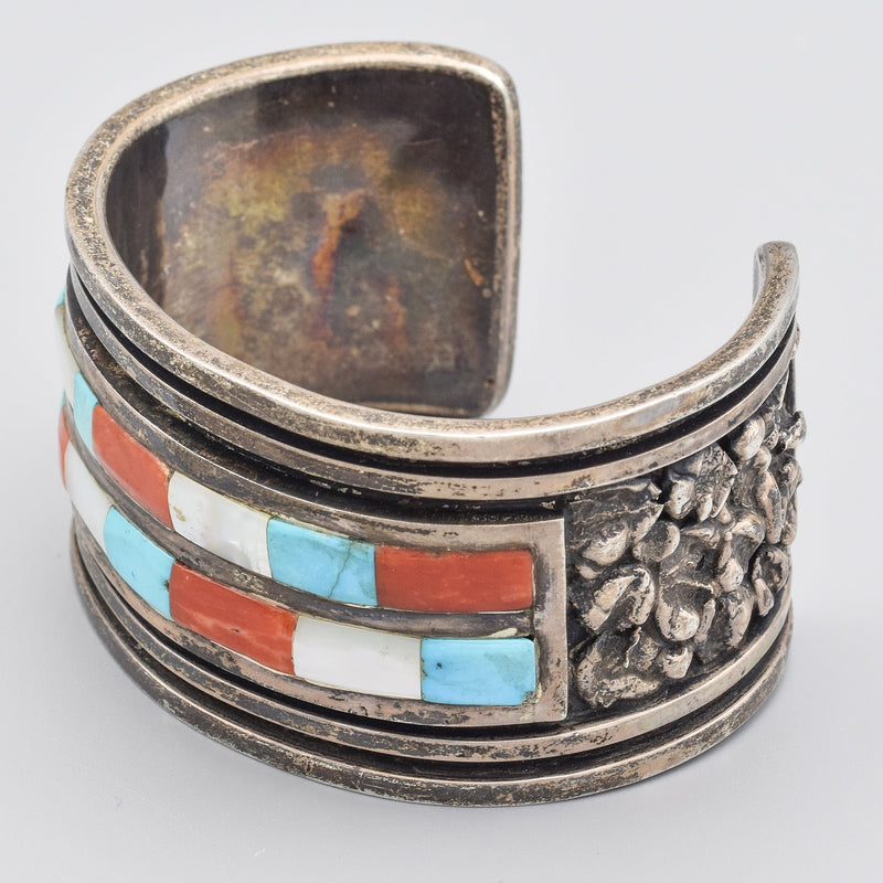 Vintage Sterling Silver Turquoise, Coral, & Mother of Pearl Cuff Bracelet
