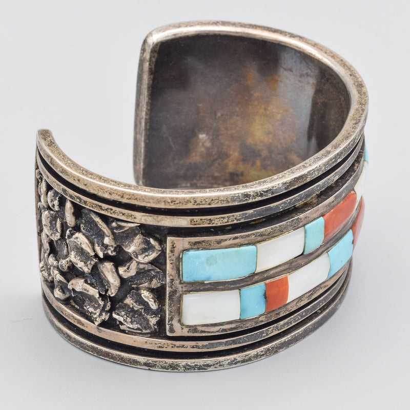 Vintage Sterling Silver Turquoise, Coral, & Mother of Pearl Cuff Bracelet