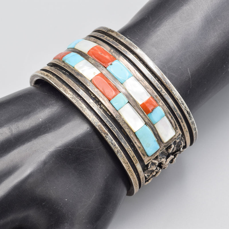 Vintage Sterling Silver Turquoise, Coral, & Mother of Pearl Cuff Bracelet