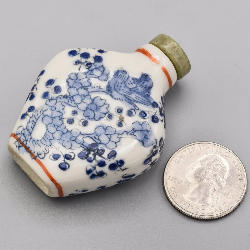 Antique Chinese Blue & White Porcelain Jade Hand-Painted Birds Snuff Bottle