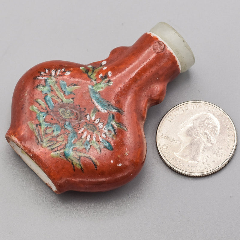 Antique Chinese Porcelain & Jade Floral Hand-Painted Snuff Bottle