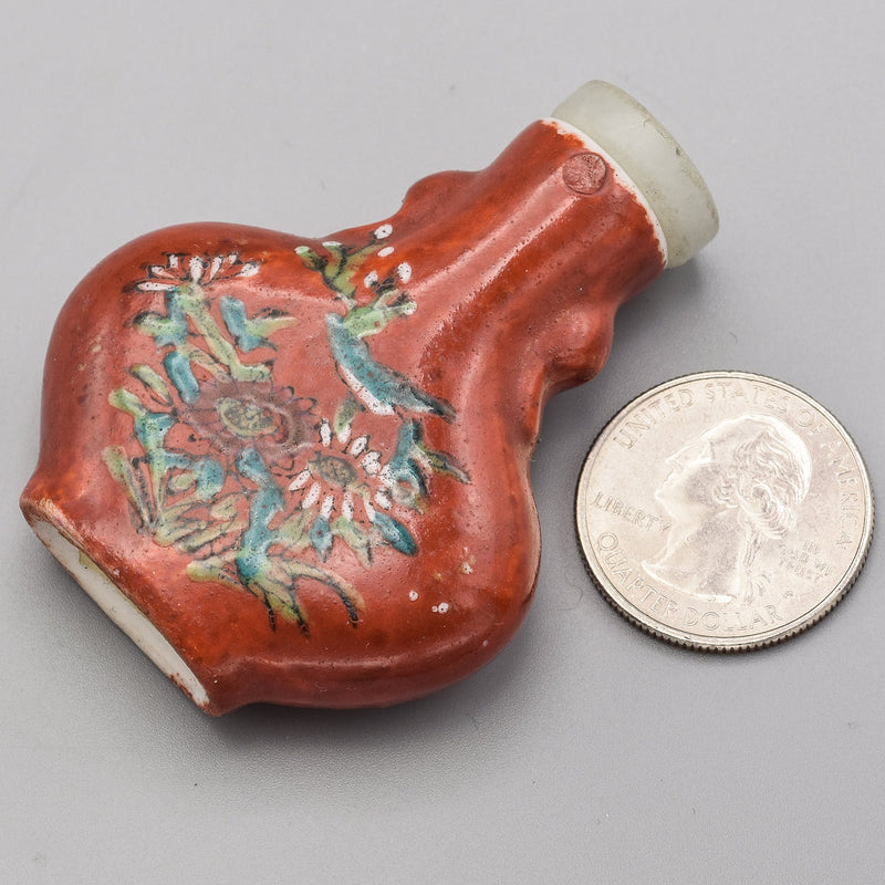 Antique Chinese Porcelain & Jade Floral Hand-Painted Snuff Bottle