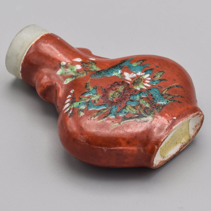 Antique Chinese Porcelain & Jade Floral Hand-Painted Snuff Bottle