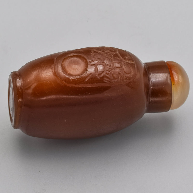 Antique Chinese Carnelian Colored Glass & Jade Carved Snuff Bottle