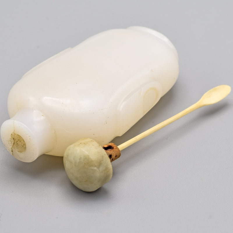 Antique Chinese White Peking Glass & Jade Carved Snuff Bottle