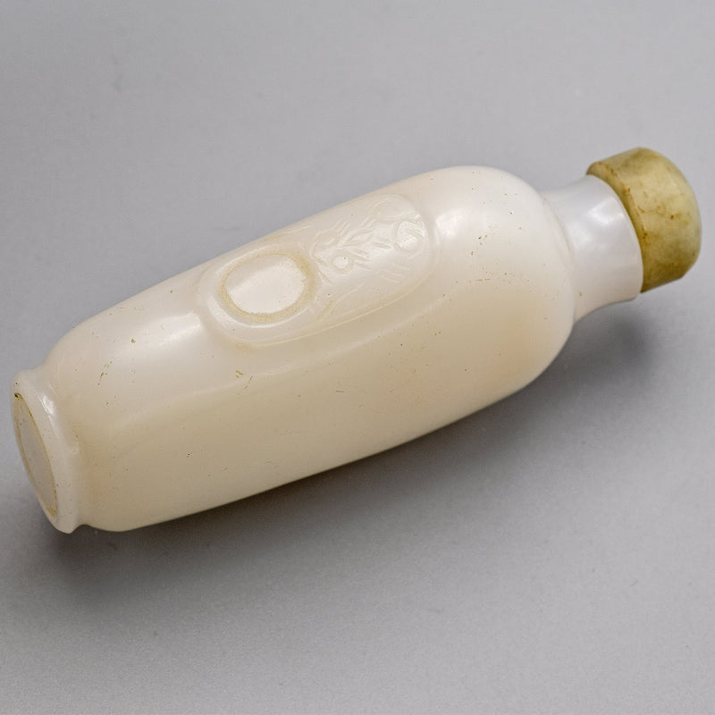 Antique Chinese White Peking Glass & Jade Carved Snuff Bottle