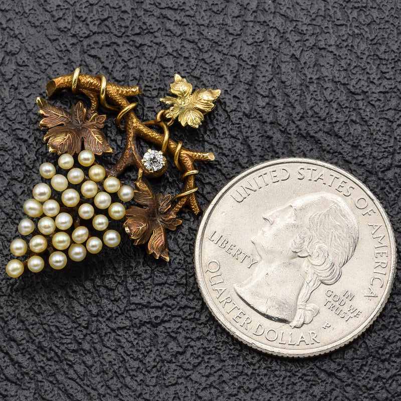 Antique 14K Yellow Gold Sea Pearl & Diamond Grape Pendant