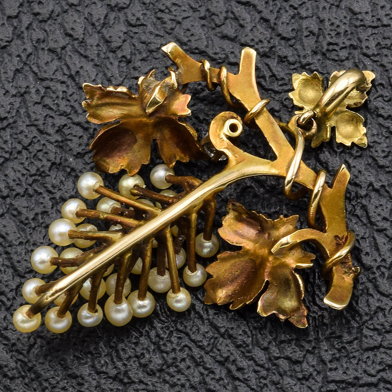 Antique 14K Yellow Gold Sea Pearl & Diamond Grape Pendant
