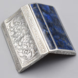 Antique Sterling Silver & Gilt Lapis Inlay Etched Cigarette Case Box