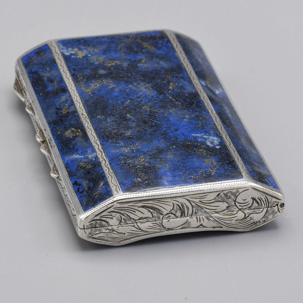 Antique Sterling Silver & Gilt Lapis Inlay Etched Cigarette Case Box