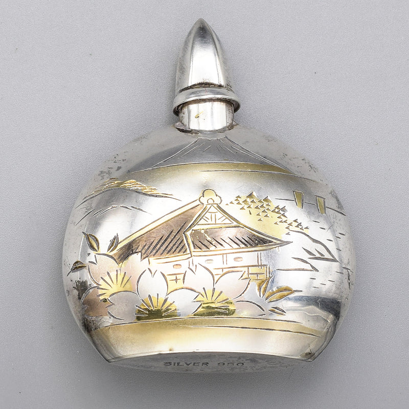 Vintage Japanese Sterling Silver Etched Landscape Perfume Bottle